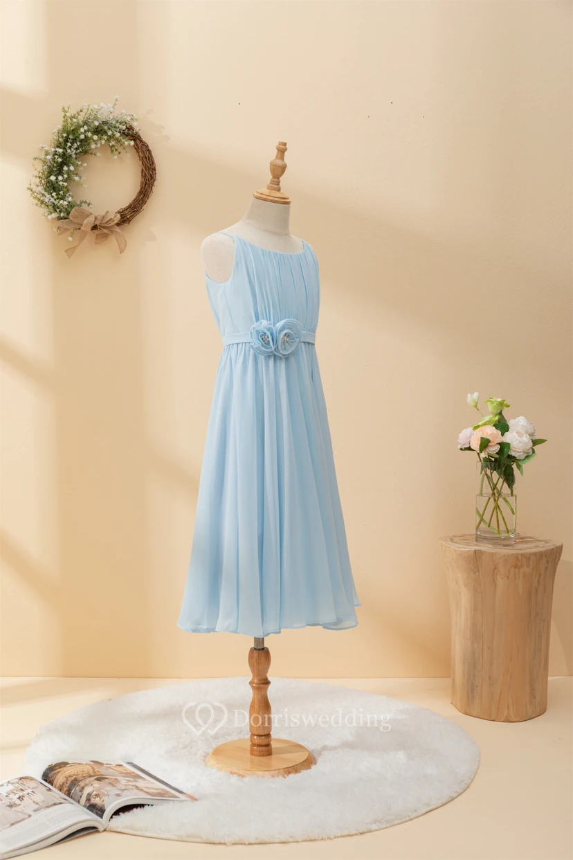 Chiffon Ruffled Short Pleated Sky Blue Flowergirl Dress with Petals view 9