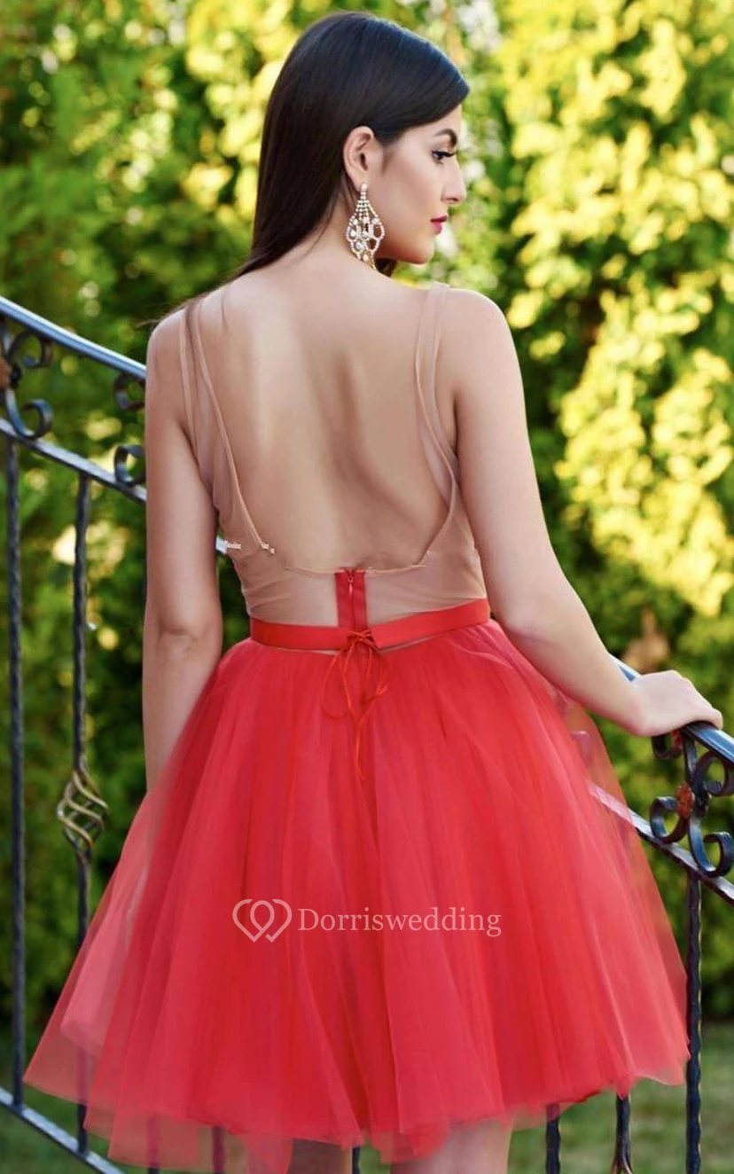 Tulle Short A Line Sleeveless Romantic Homecoming Dress with Sash view 2