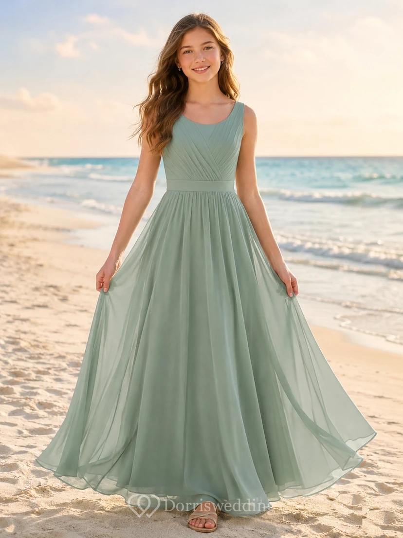 Mintgrünes Brautjungfernkleid für junge Mädchen, A-Linie, Rundhalsausschnitt, ärmellos, mit Falten, romantisch