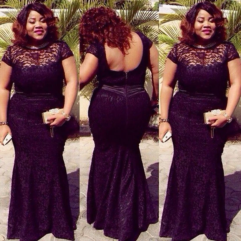 Plus Size Lace Mermaid Short Sleeve Evening Dress