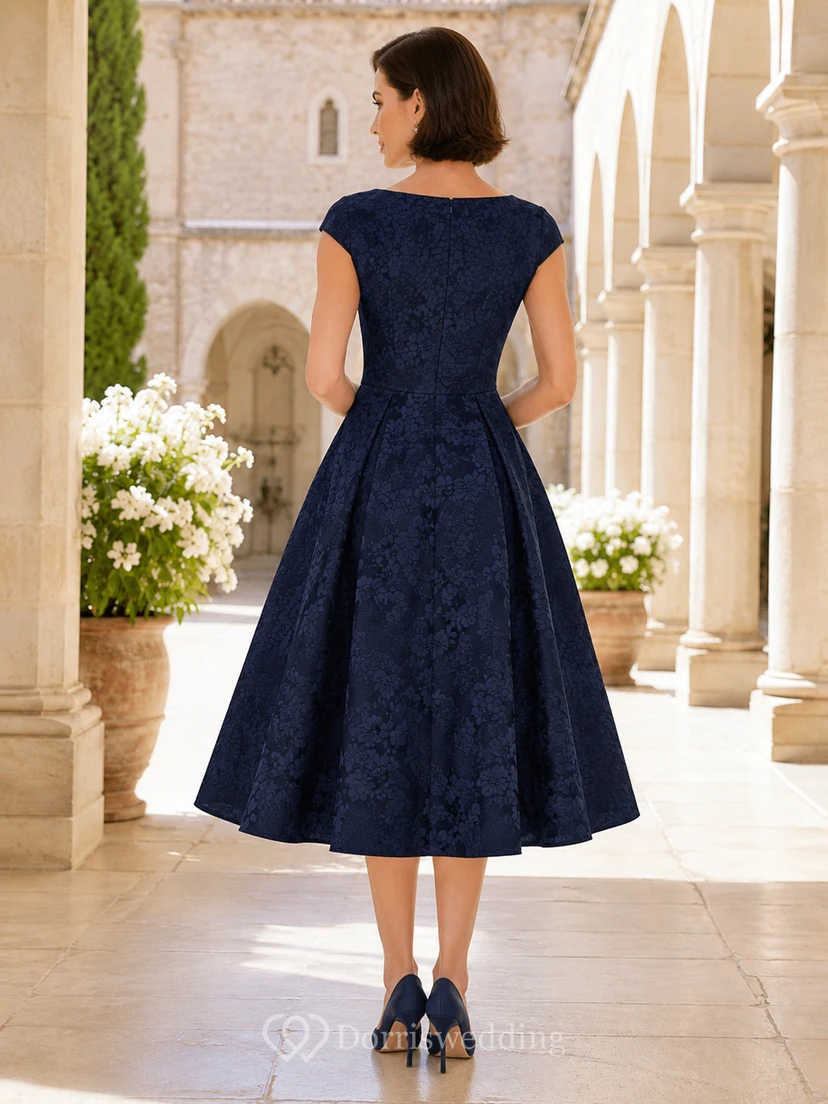 Chapel Dark Navy Bateau Lace Jacquard A-Line Tea-Length Cap Sleeve Dress view 2