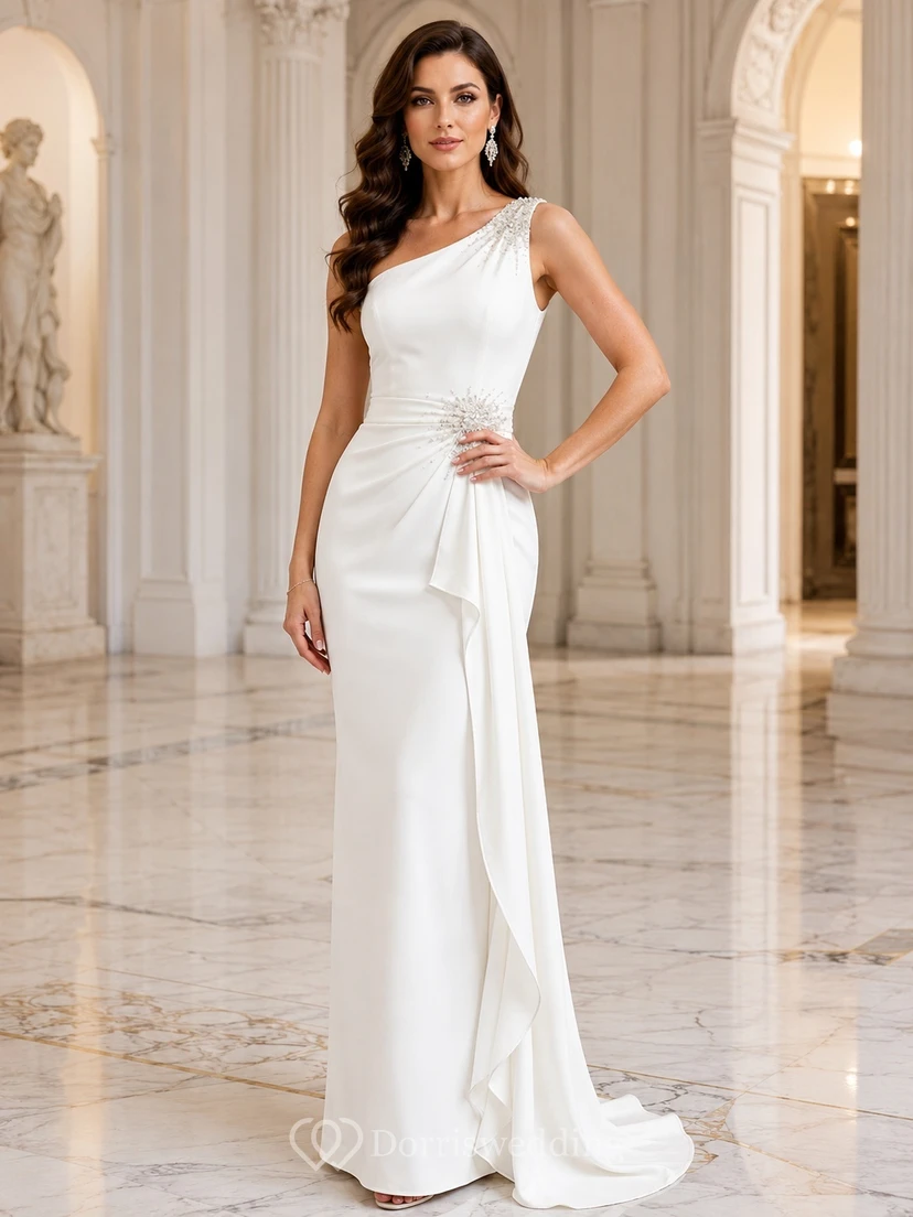 Modern One-Shoulder Satin Sheath Court Train Draped Elegant Wedding Gown