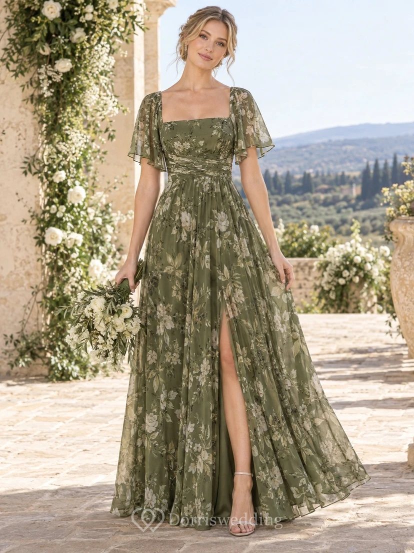 Dark Green Olive Floral Print Square Neck Flutter Sleeve Side-Slit Floor-Length Chiffon Bridesmaid Dress