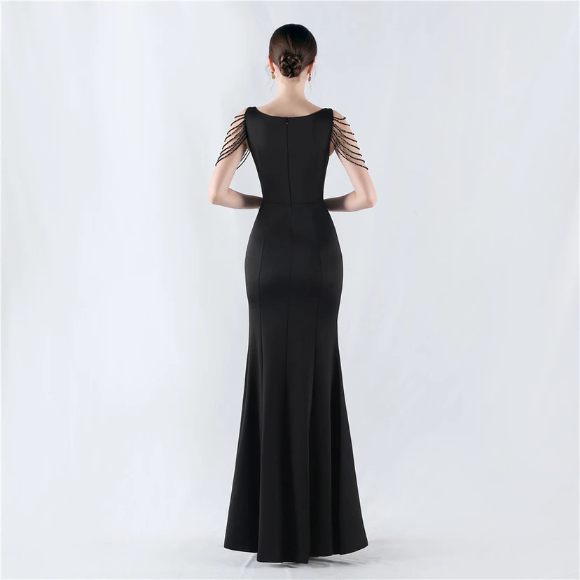 Heavy Hot Diamonds For Transparent Mesh High-Slit Satin Evening Dress Annual Meeting Wedding view 6