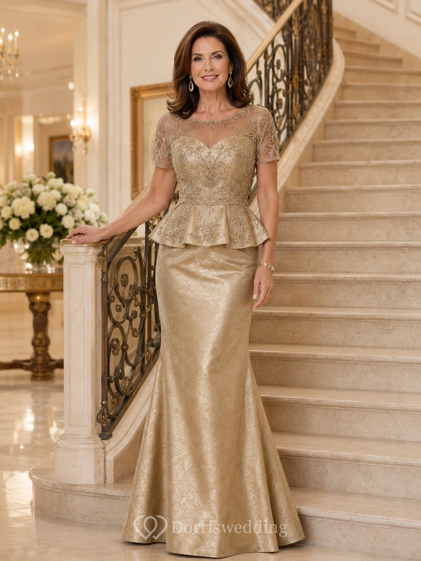 Antique Gold Elegant Scoop-Neck Metallic-Jacquard Mermaid Floor-Length Mother of the Bride Gown with Cap Sleeves and Peplum