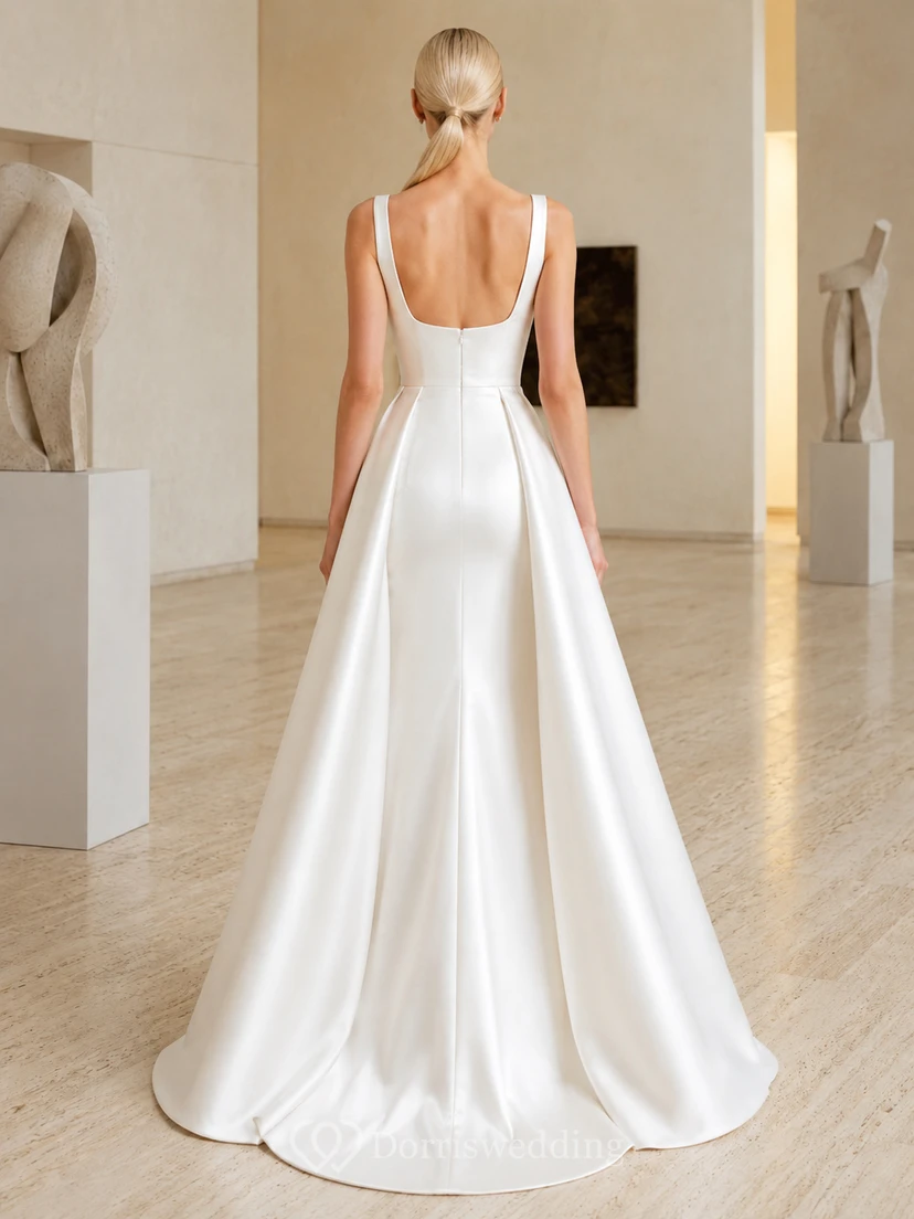 Robe de mariée longue en satin, coupe trapèze, bretelles carrées, poches et décolleté carré view 2