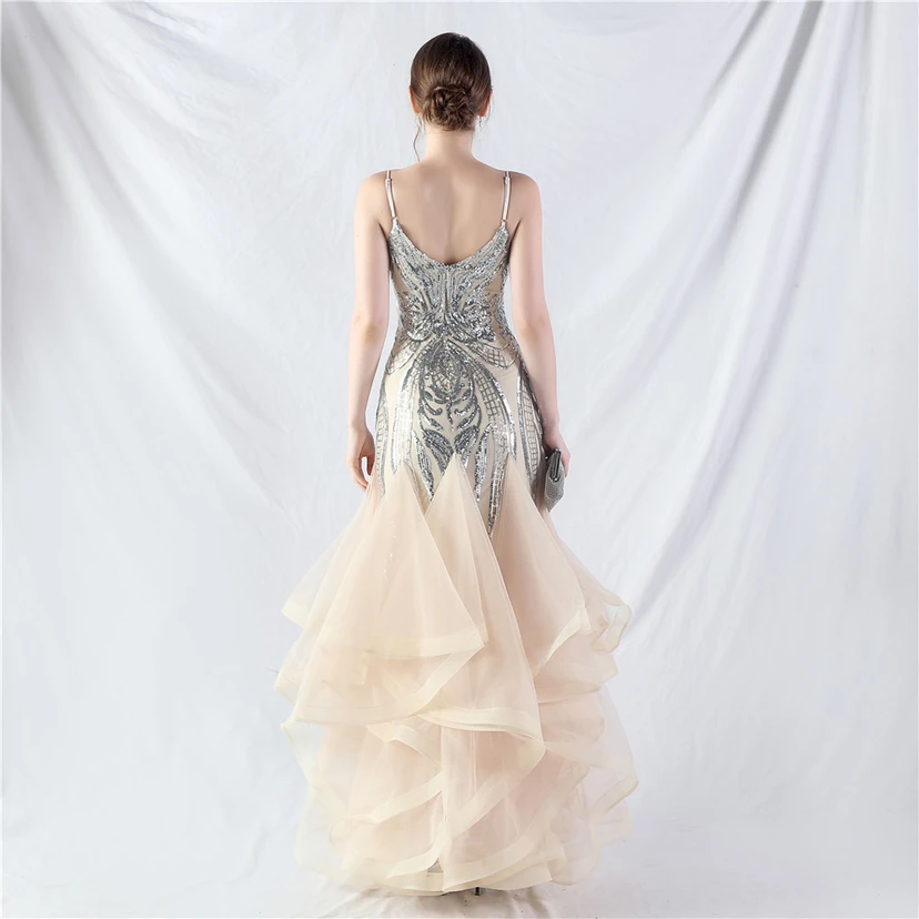 Vestido de actuación para celebración de baile caliente con cuentas de flores y posicionamiento de red rígida. view 60