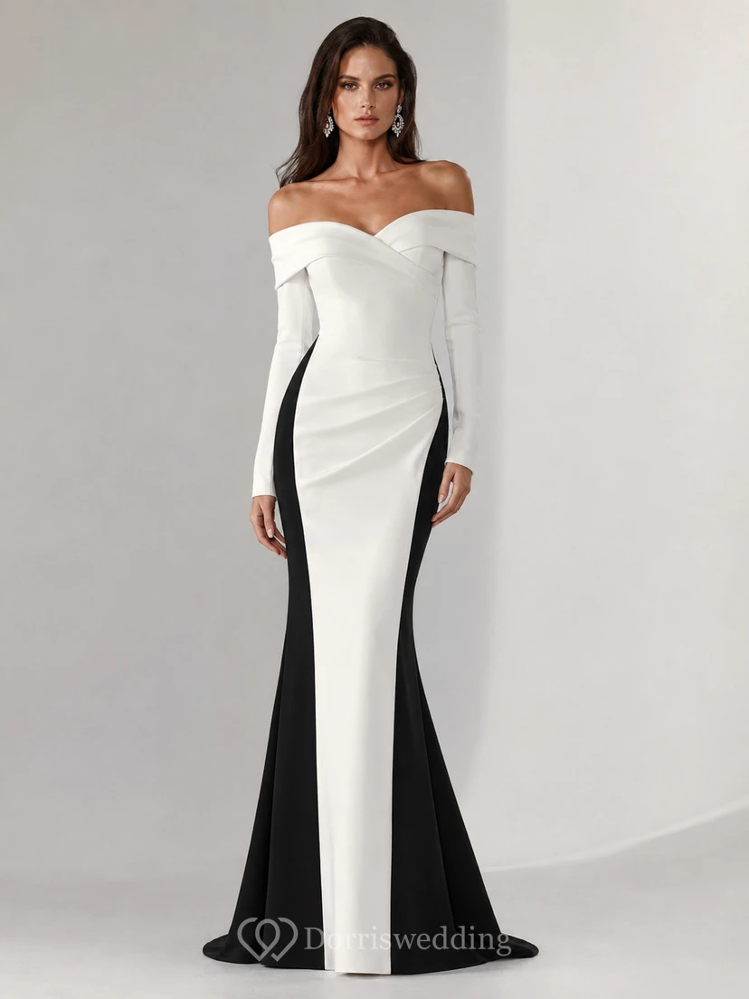 Robe de soirée sirène en satin, épaules dénudées, manches longues et empiècements color block, longueur au sol