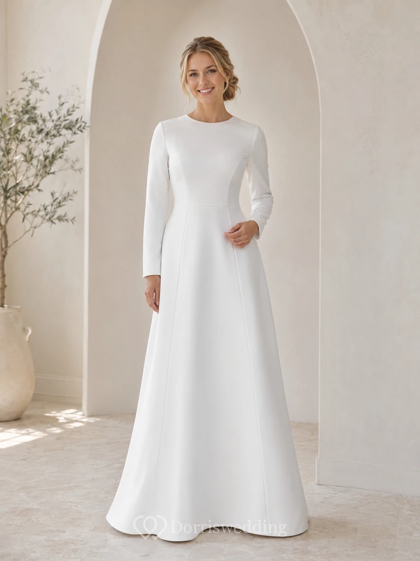 Robe de mariée simple trapèze longue en satin à manches longues ornée de bijoux, style court, pour un mariage de cour, style LDS.