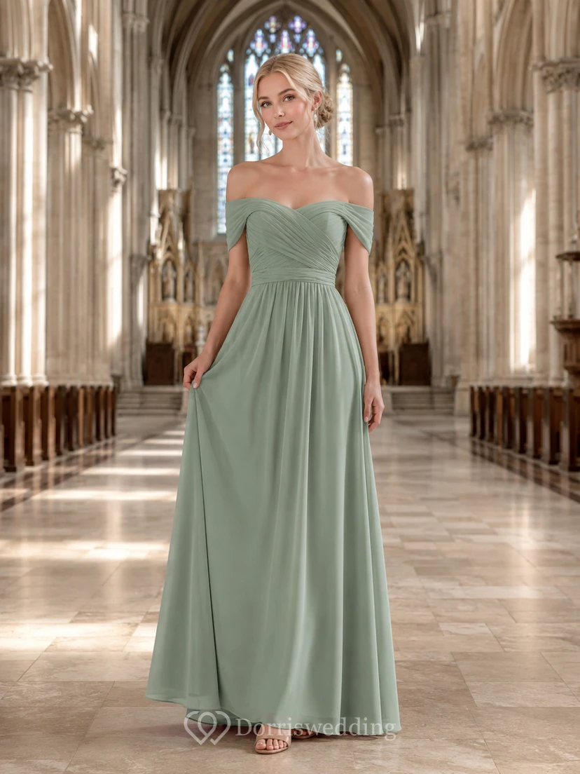 Cathedral Ceremony Formal Sage Romantic Elegant A-Line Chiffon Bridesmaid Dress with Off Shoulder Sweetheart Short Sleeve Floor-Length Low Back
