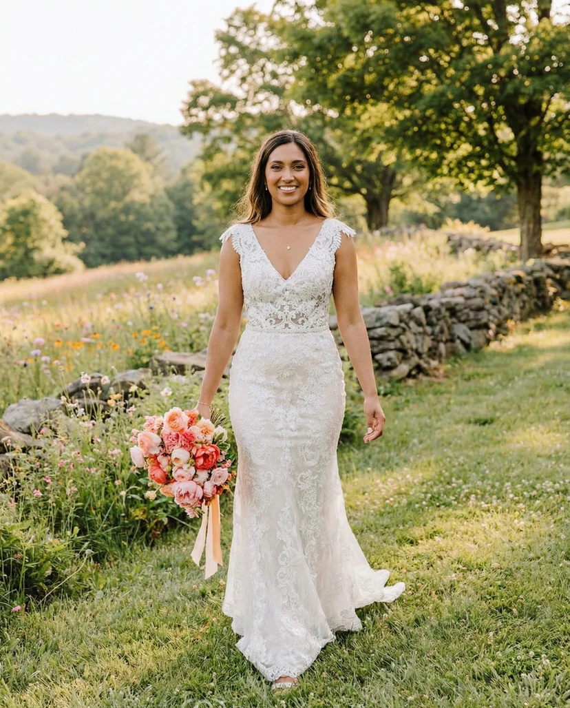 Lace Mermaid Wedding Dress with V-Neck and Cap Sleeve Appliques