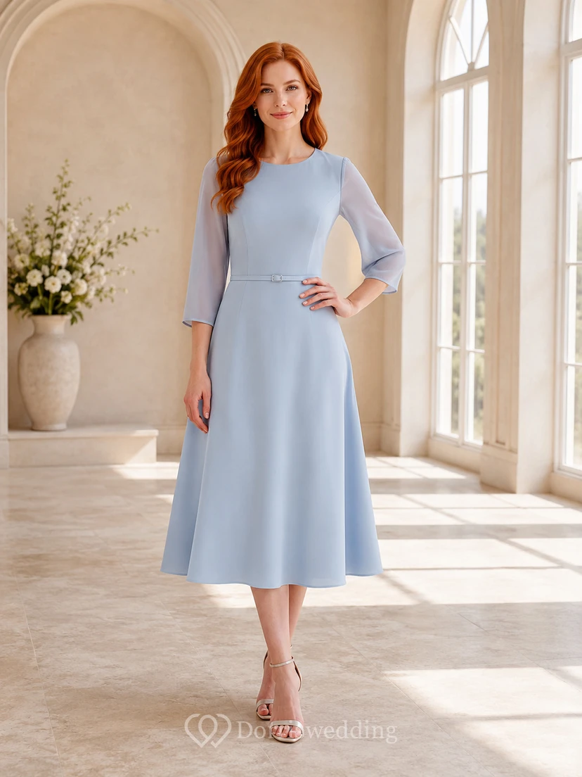 Robe Firmung bleu ciel à manches trois-quarts cloche, coupe trapèze et longueur thé
