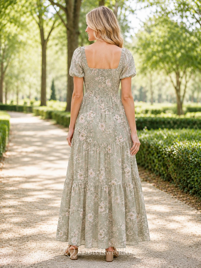 Sage floral puff sleeve tiered maxi garden dress view 2