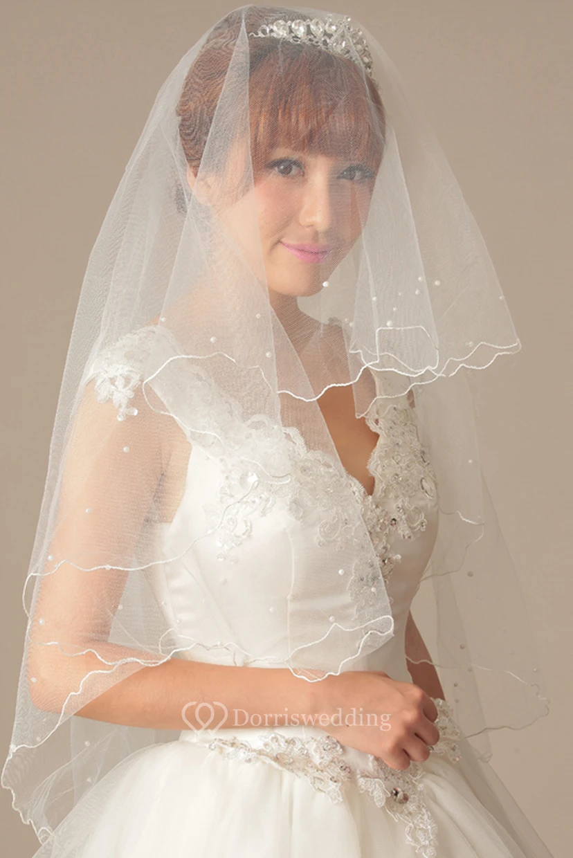 Simple Fingertip Short Tulle Wedding Veil with Beading view 3