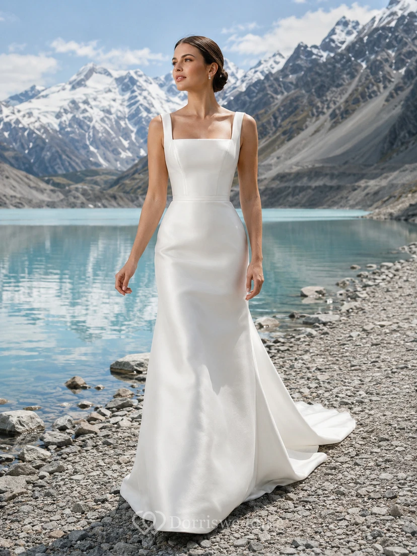 Robe de mariée sirène en satin à col carré et bretelles larges, dos boutonné et traîne, encolure carrée et dos nu.