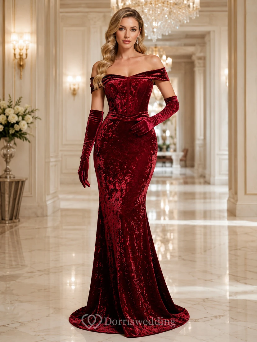 Vestido largo de invitada de terciopelo rojo con hombros descubiertos estilo sirena