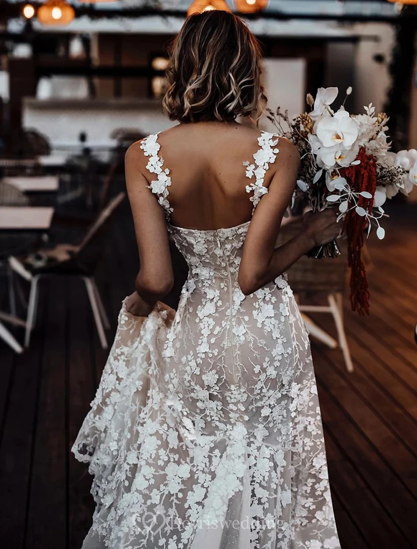 Sultry Floral Applique Wedding Dress with Thigh-High Slit view 2