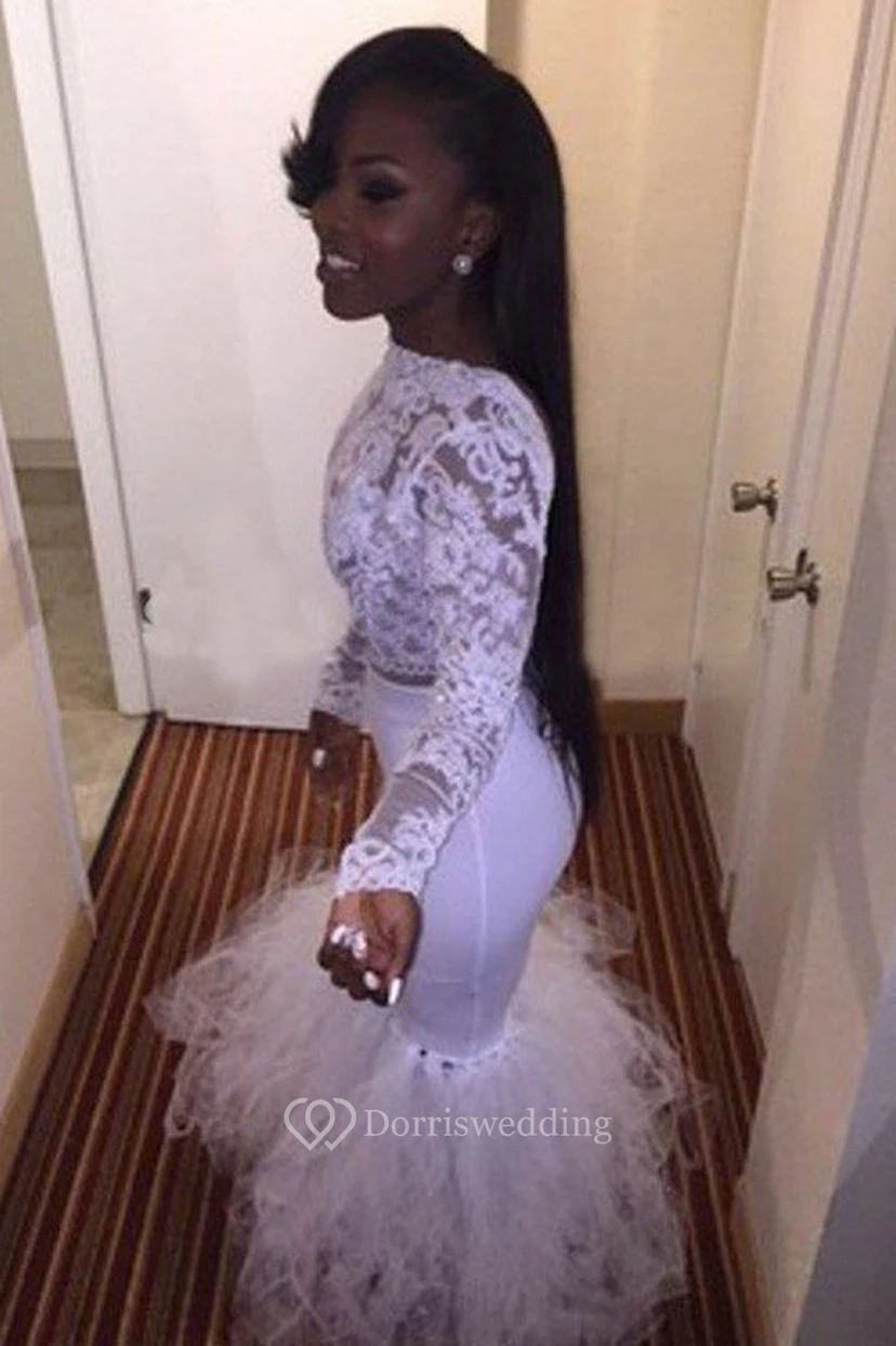Mermaid Trumpet Lace Tulle High Neck Long Sleeve Low-V Back Dress