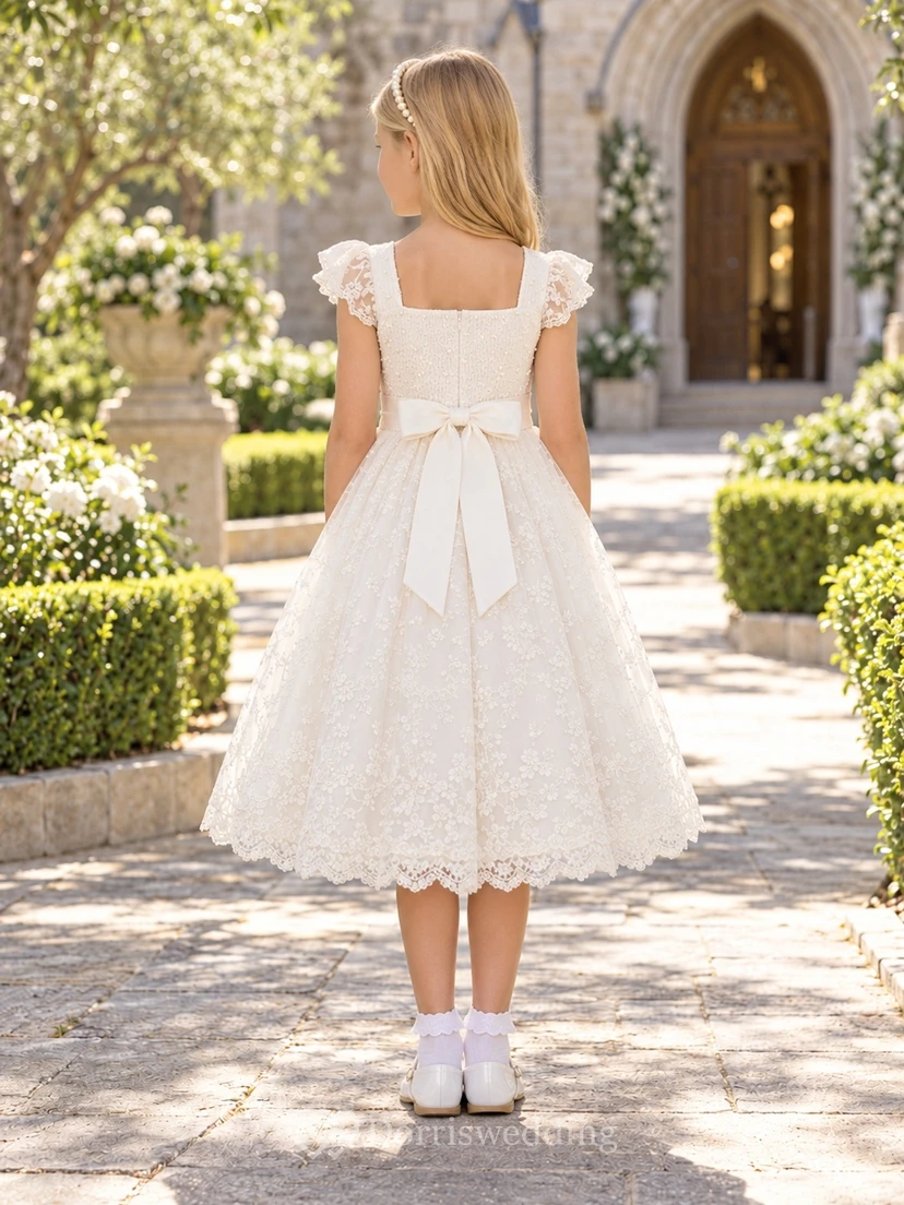 Square Neck Tea-length Ivory Floral Lace Cap First Communion Dress view 2
