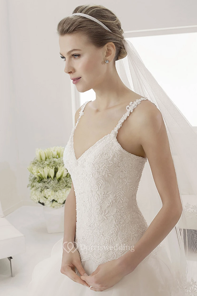 Appliqued Spaghetti Straps V Neck Layered Bridal Gown With Drop Waist view 2