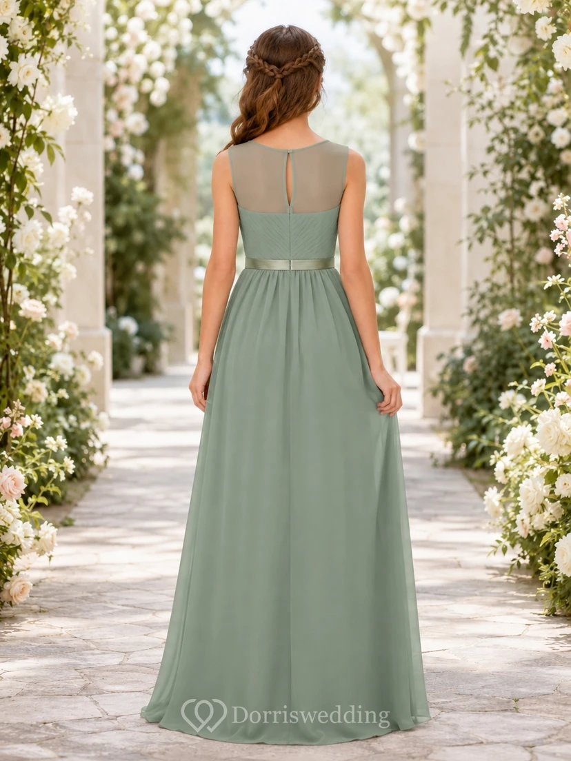 Celadonfarbenes Brautjungfernkleid für junge Mädchen, A-Linie, Rundhalsausschnitt, ärmellos, elegant view 2