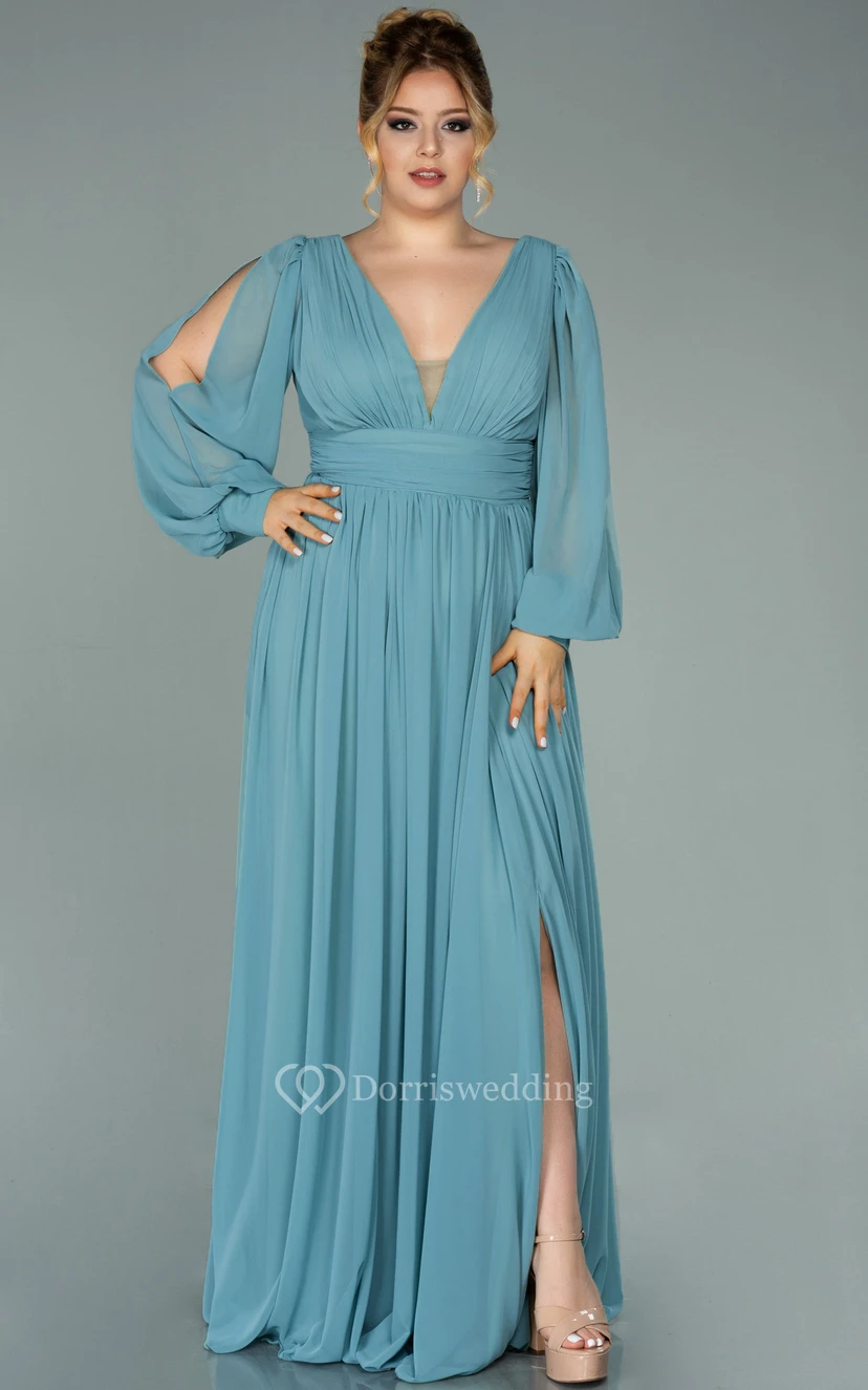 Vestido de noche de gasa con escote en V, manga larga, abertura frontal y pliegues, talla grande view 15