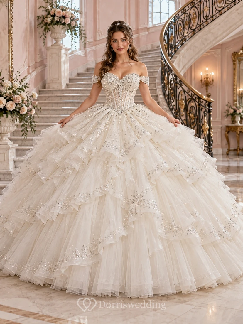 Vestido de novia de princesa con escote corazón, hombros descubiertos, tul con cuentas y volantes en cascada.