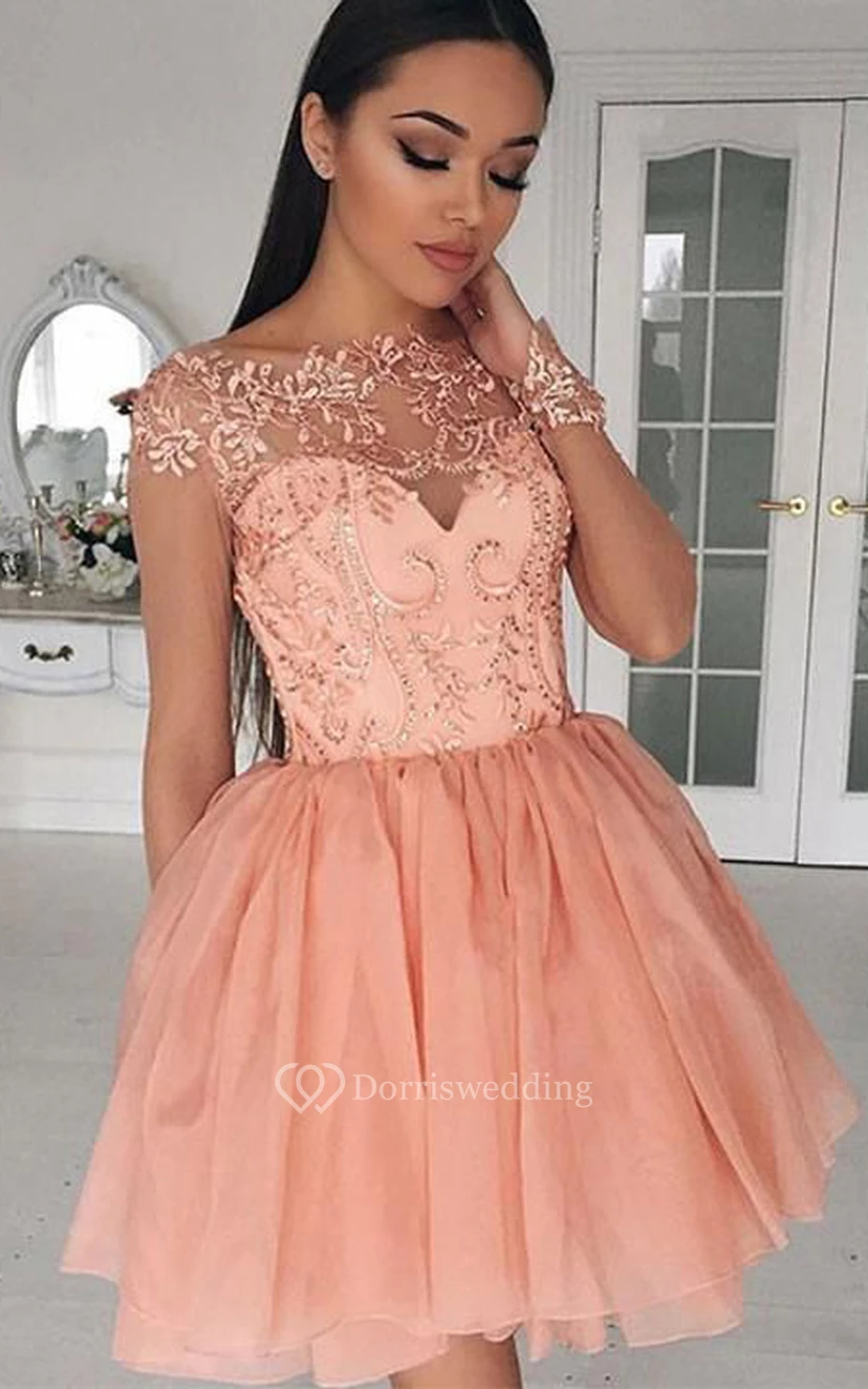 Tulle Lace Ball Gown Zipper Illusion Long Sleeve with Appliques Homecoming Dress