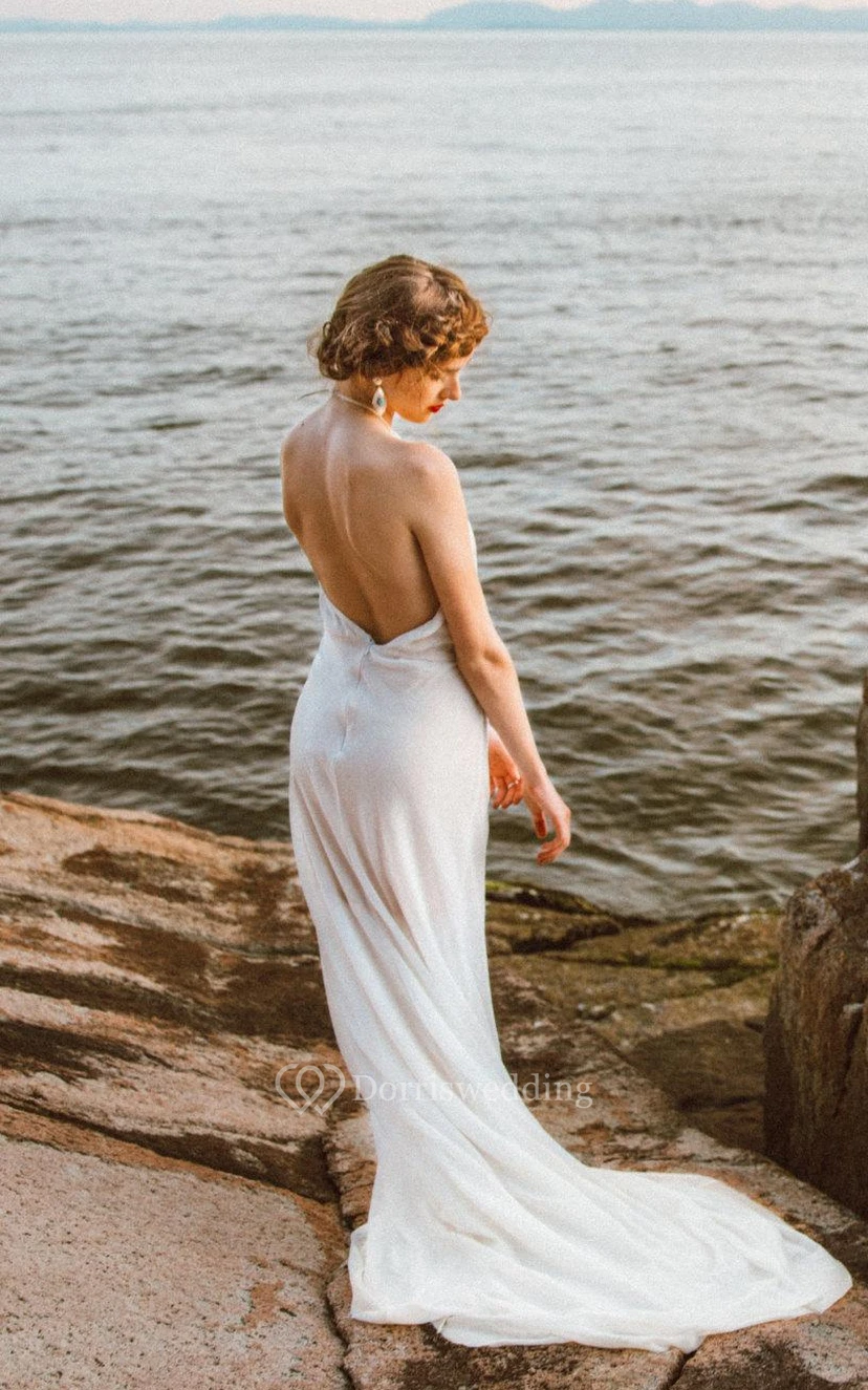 Halter Neck Sleeveless Backless Sheath Long Chiffon Wedding Dress view 3