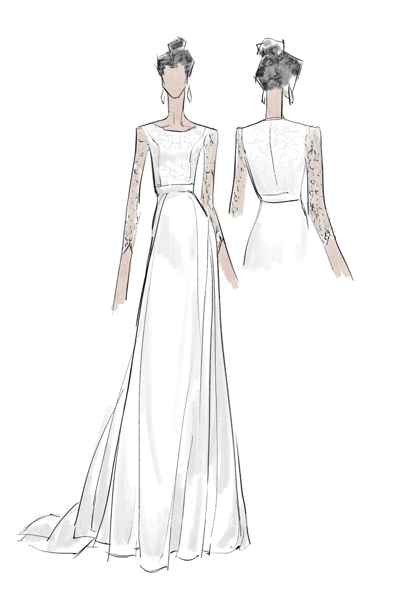 Vestido de novia informal y modesto de playa con escote redondo, encaje y gasa, con mangas de 3 a 4 pulgadas. view 7