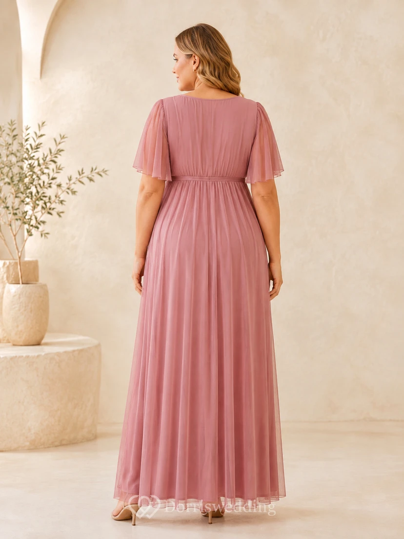Vestido de maternidad largo hasta el suelo, color rosa empolvado, con escote en V, manga corta, pliegues de pétalos de gasa, corte imperio y silueta en A. view 2
