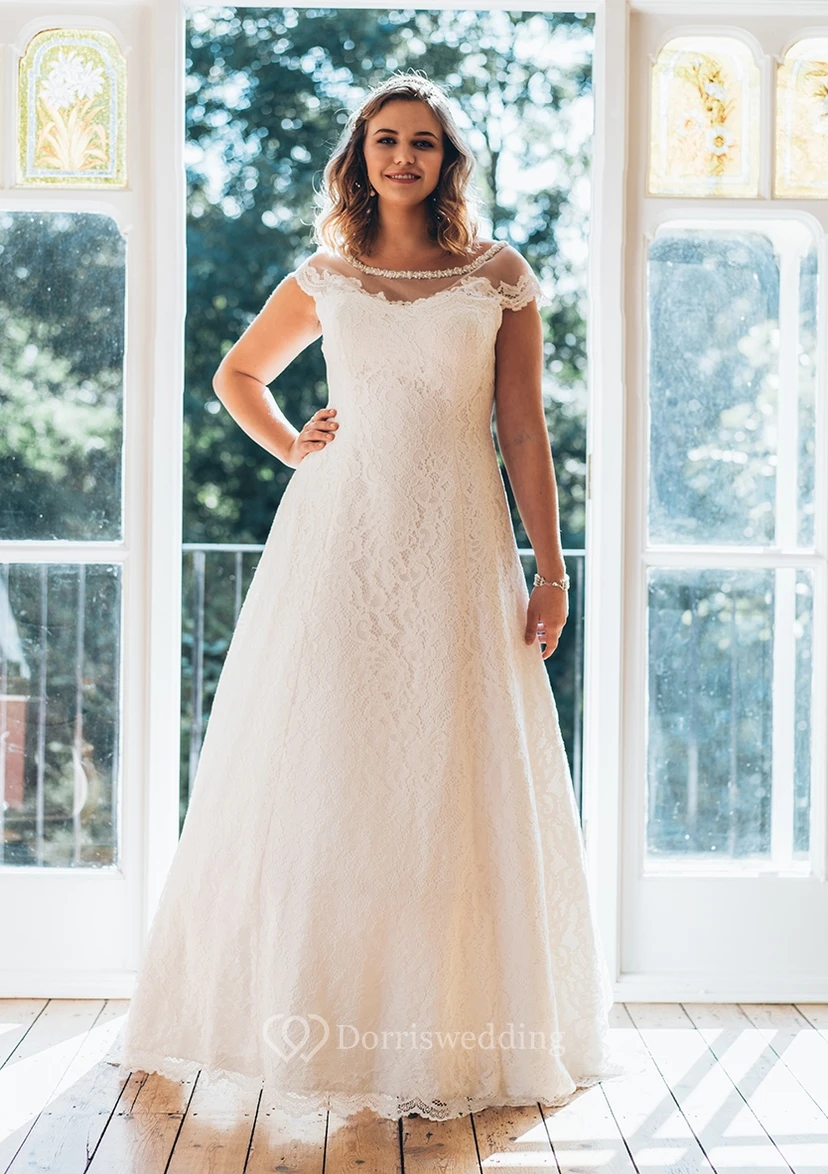 A-Line Floor-Length Bateau Neck Short Sleeve Lace Sweep Train Illusion  Dress