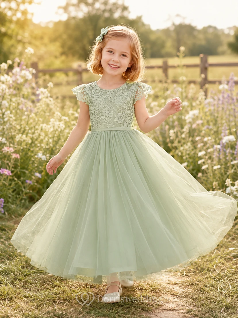 Sage Lace Flutter Sleeve Tulle A-Line Flower Girl Garden Tea-Length Dress