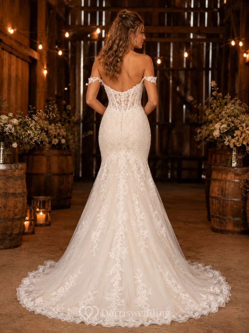 Robe de mariée de maternité en dentelle et tulle, col V, manches courtes et traîne champêtre view 2