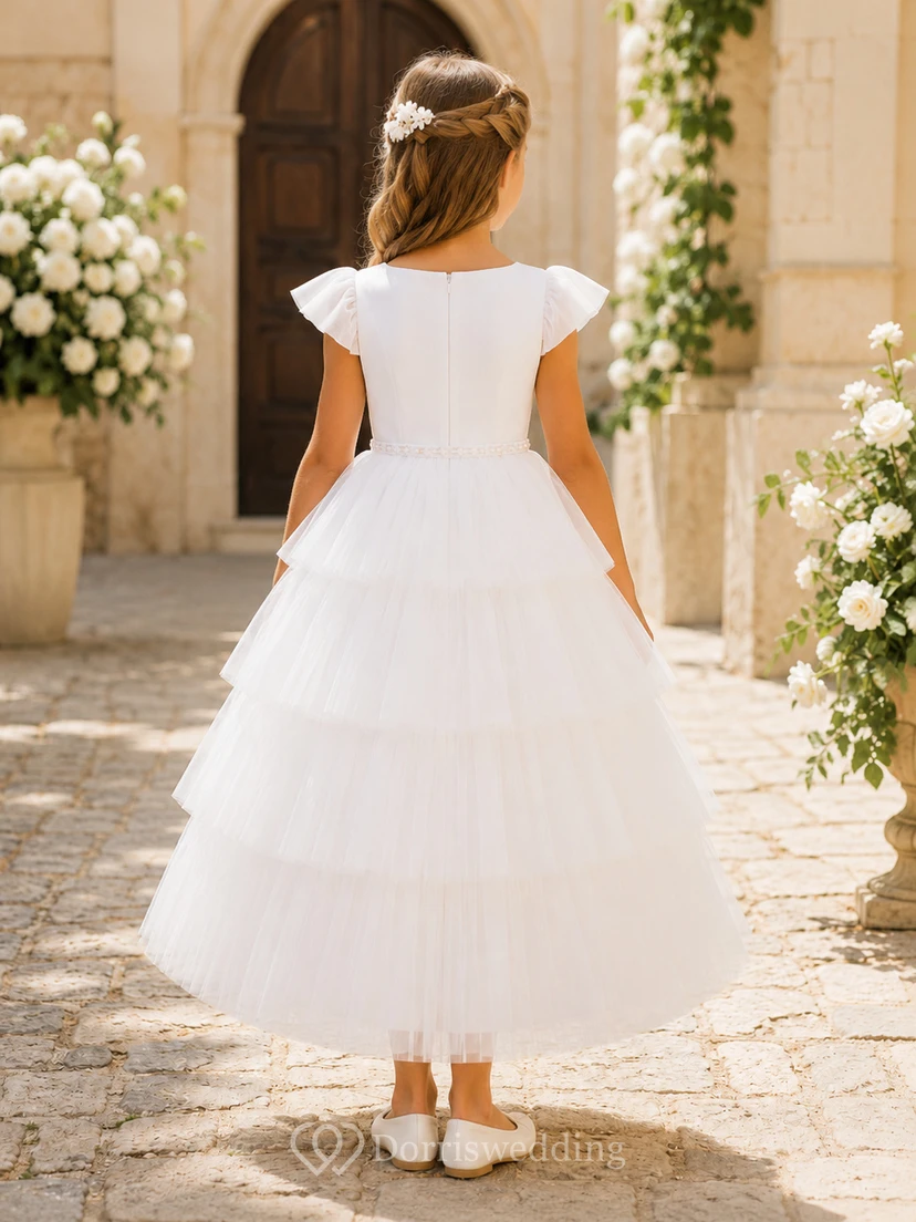 Weißes, tailliertes Tüllkleid aus Satin und Tüll mit Rundhalsausschnitt, kurzen, flatternden Ärmeln und Teelänge – perfekt für Kommunion und als Blumenmädchenkleid. view 2