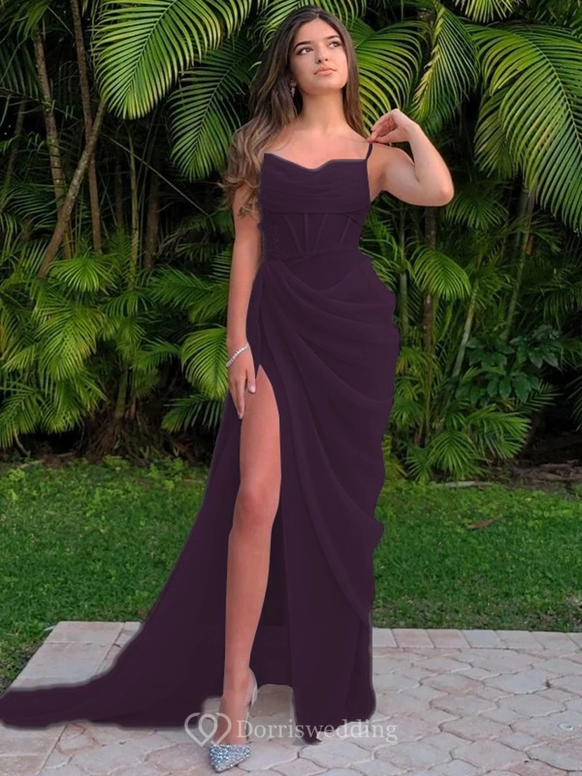Spaghetti Ruched Sexy Front Split Sheath Side-ruched Prom Dress view 36