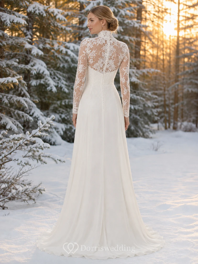Robe de mariée en mousseline à col montant et manches en dentelle, motif forêt enneigée, pour une fugue amoureuse view 2
