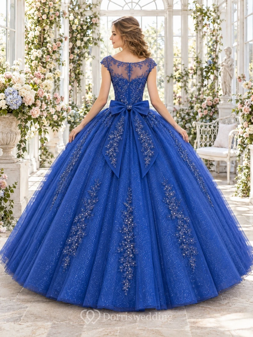 Robe de bal de quinceañera en tulle bleu roi à manches courtes et dentelle illusion view 2