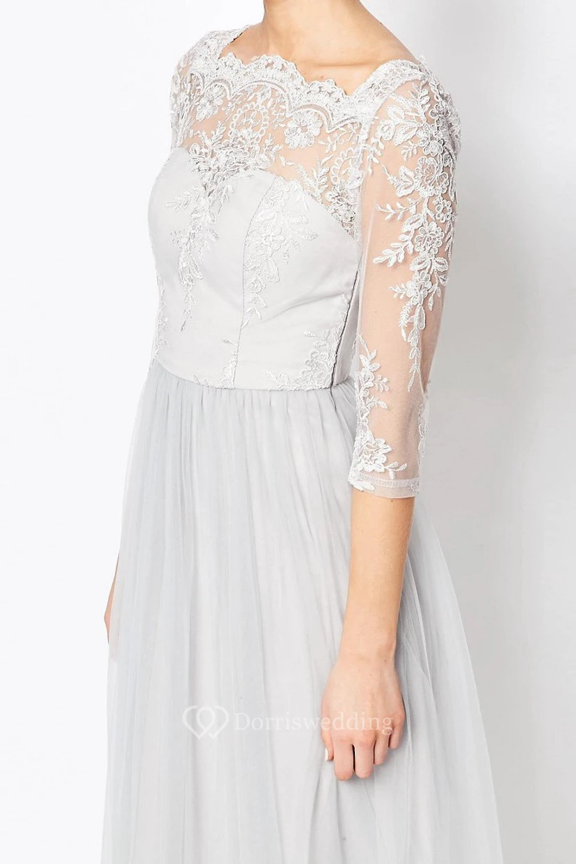 Ankle-Length Appliqued Bateau Neck Half Sleeve Tulle Bridesmaid Dress view 4