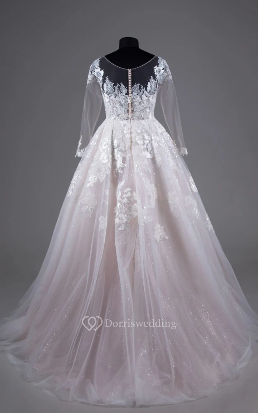 Blushing Illusion Long Sleeve Scoop-neck Ball Gown Plus Size Princess Wedding Dress with Pleats view 2