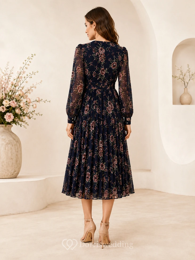 Robe midi plissée à manches longues et col en V à imprimé floral foncé view 2