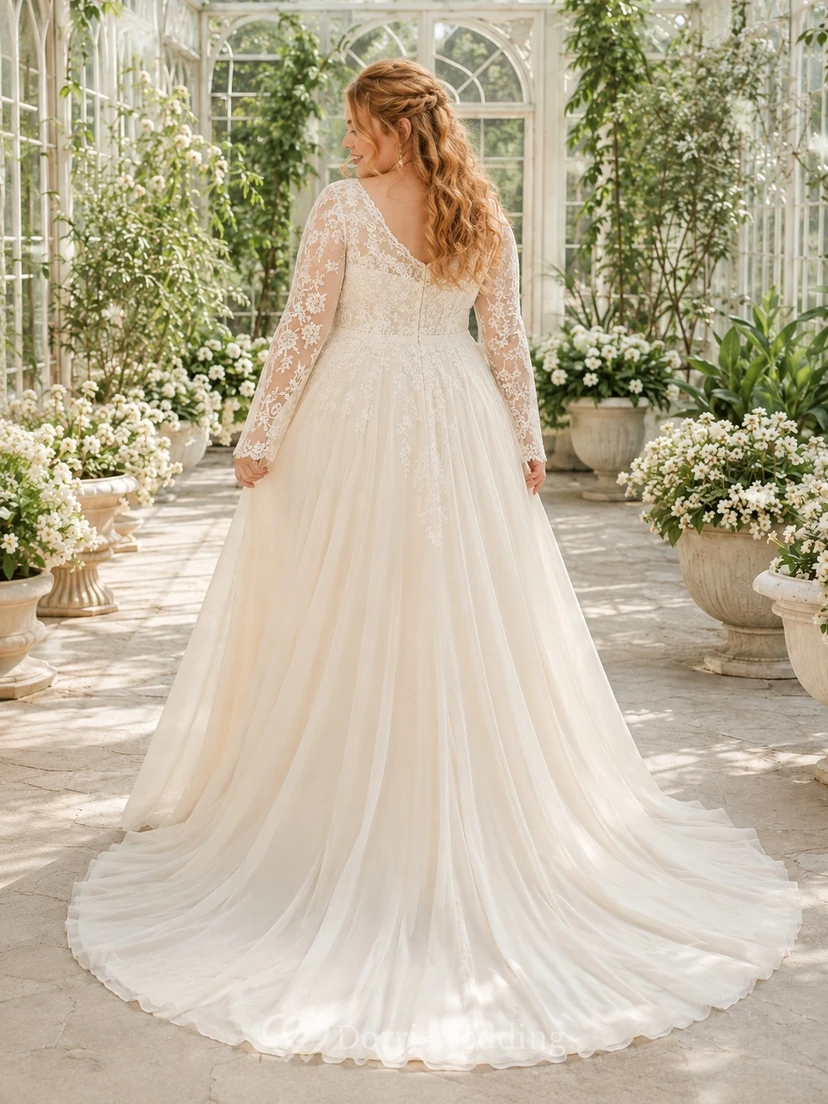 Plus Size Langarm-Chiffon-A-Linien-Brautkleid mit V-Ausschnitt für große Oberweite view 2