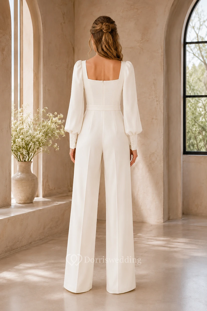Weißer Hochzeitsjumpsuit mit eckigem Ausschnitt und langen Puffärmeln view 2