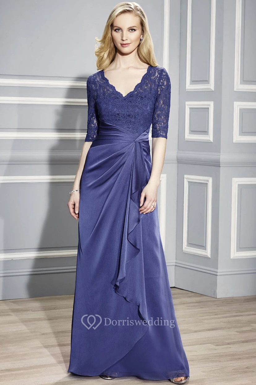 Half Sleeve V-Neck Appliqued Chiffon Formal Dress
