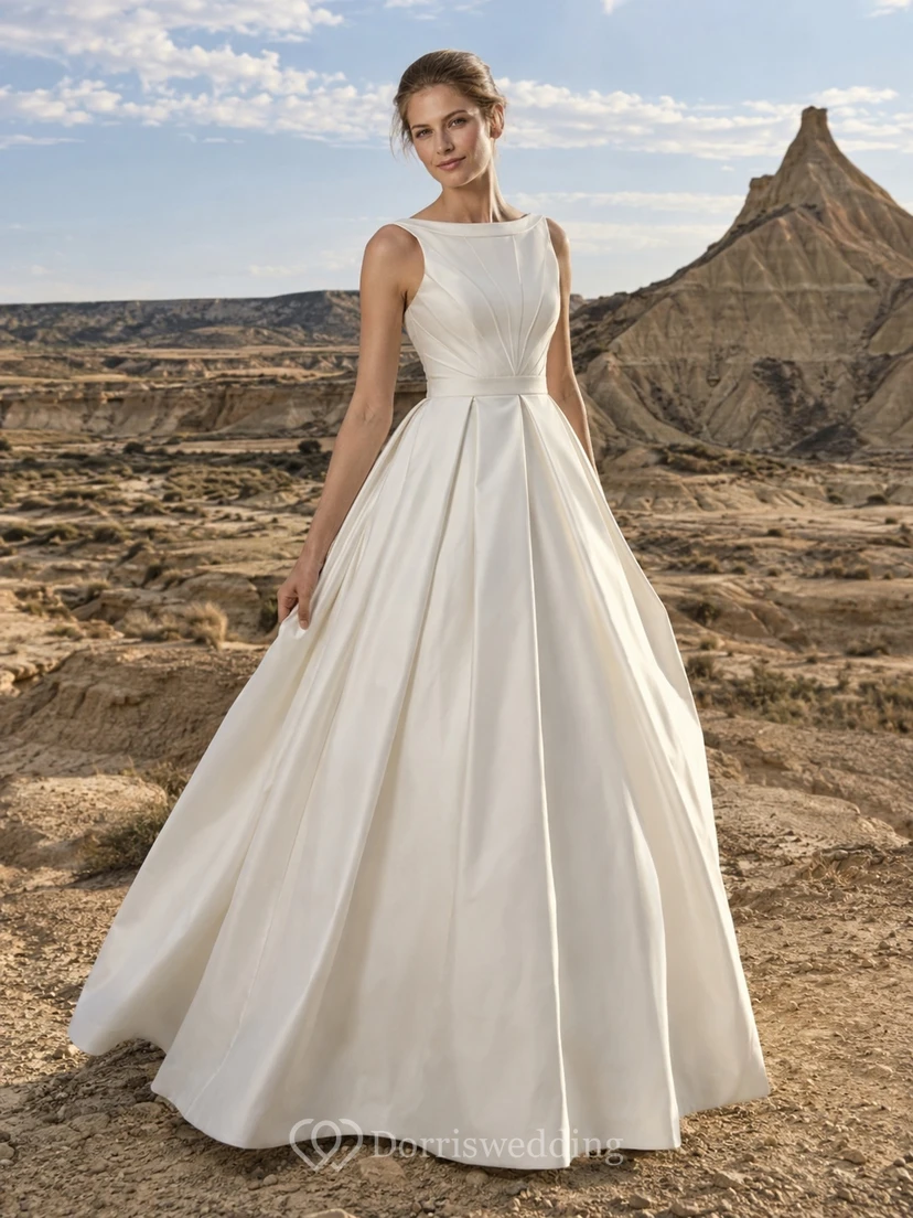 Vestido de novia sencillo y moderno de tafetán, corte en A, cuello joya, sin mangas, falda plisada, largo hasta el suelo.