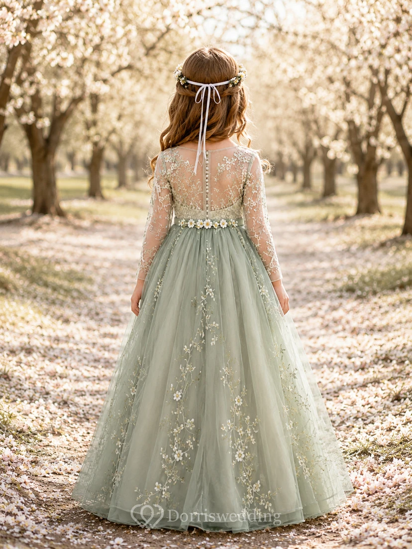 Flower Girl Dress Sage Lace Tulle A-Line Jewel Neck Tea Length view 2