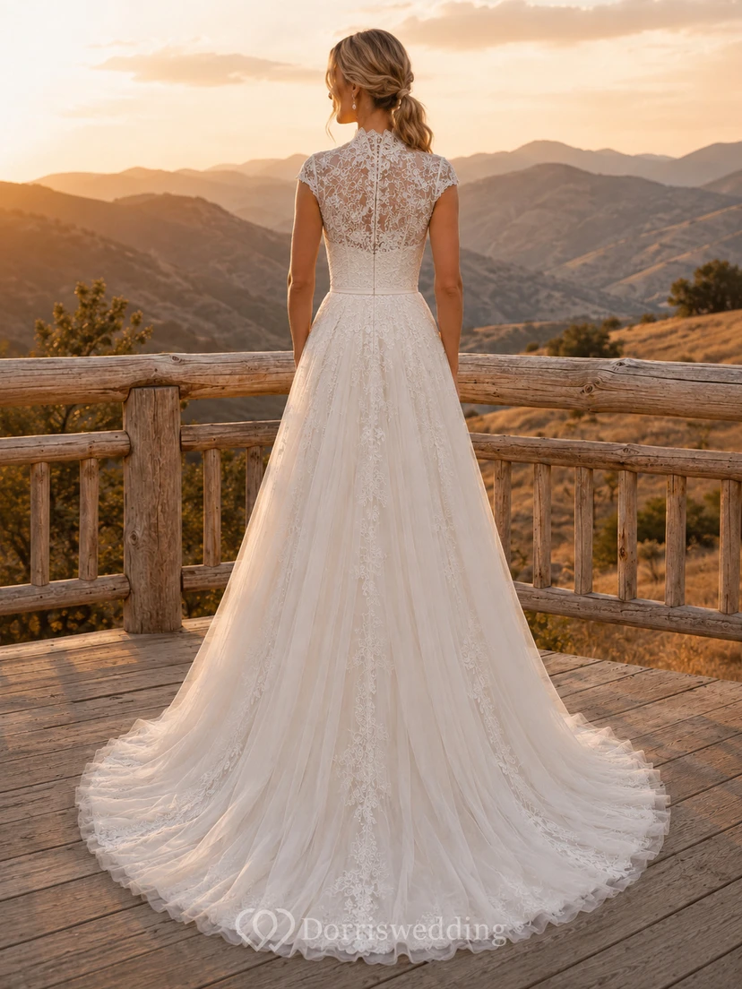 Modest High Neck Cap Sleeve Floral Lace A Line Chapel Wedding Gown view 2