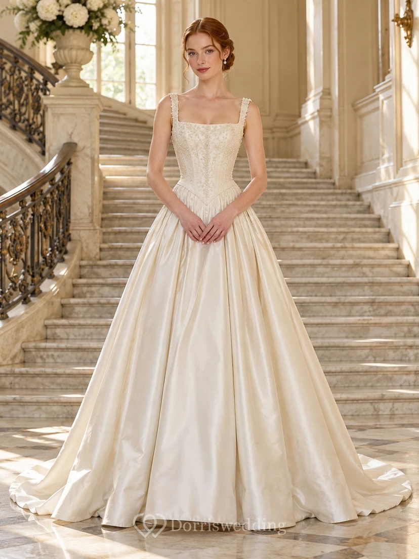 Square Neck Drop Waist Lace Bodice Satin Ball Gown Wedding Dress