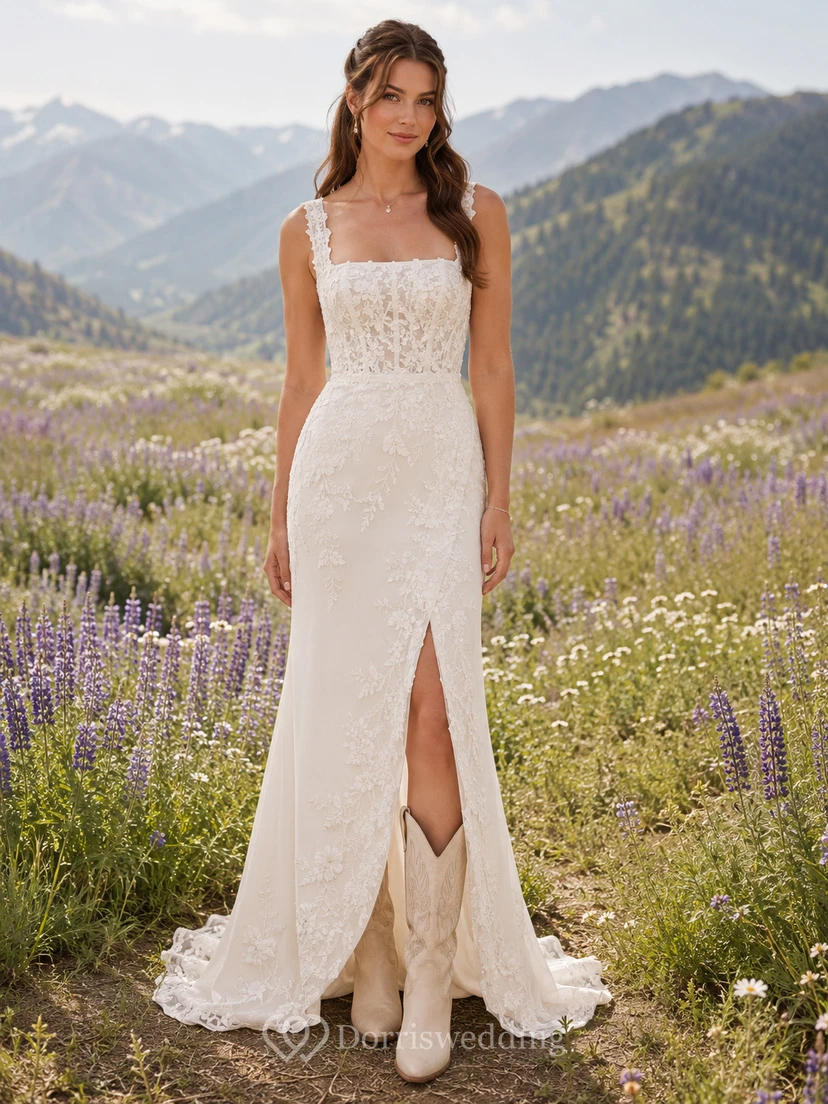 Robe de mariée de maternité à col carré, corsage en dentelle et volants en tulle.