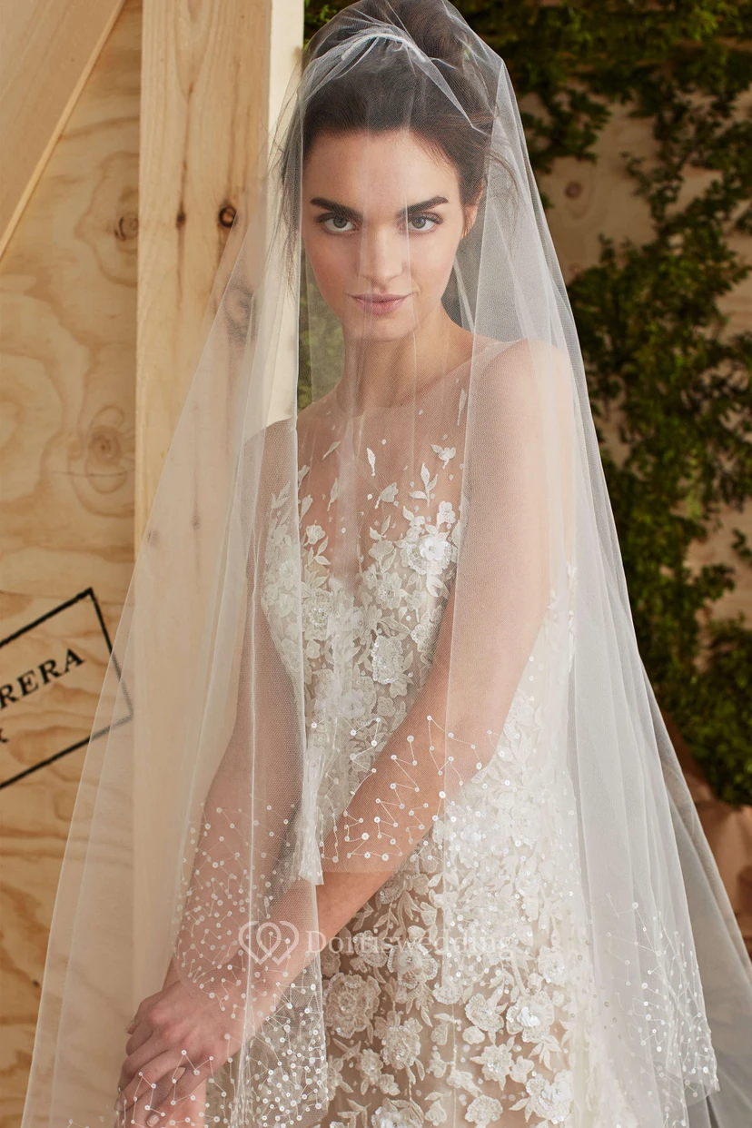 Sheath Sleeveless Long High Neck Tulle Wedding Dress With Appliques And Illusion view 4